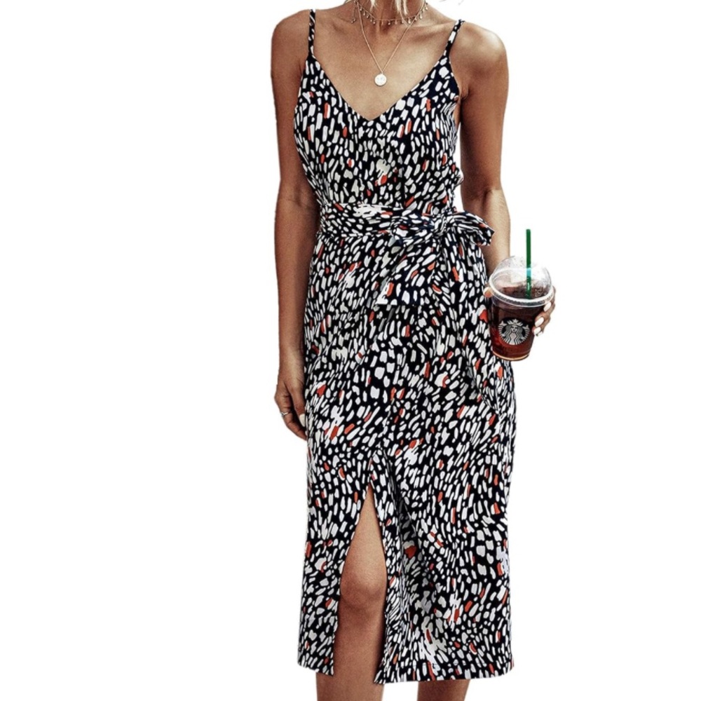 V Neck Spaghetti Strap Printed Split Party Wrap Midi Dress with Belt Black Large
